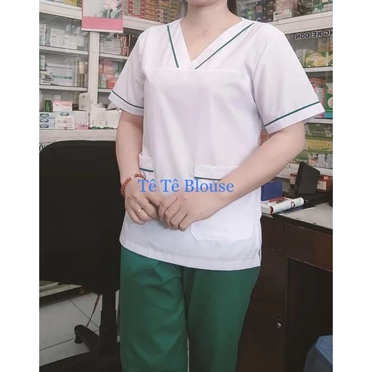 Bộ Dược Sỹ Áo Cổ Tim Viền Xanh Lá, Quần Xanh Lá, trang phục phù hợp cho các Quầy Thuốc, Nhà Thuốc, Hiệu Thuốc