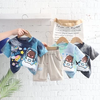 Bộ Áo Thun Cotton Ngắn Tay Cổ Tròn + Quần Short Họa Tiết Gấu Hoạt Hình Thời Trang Mùa Hè Cho Bé 80-110cm