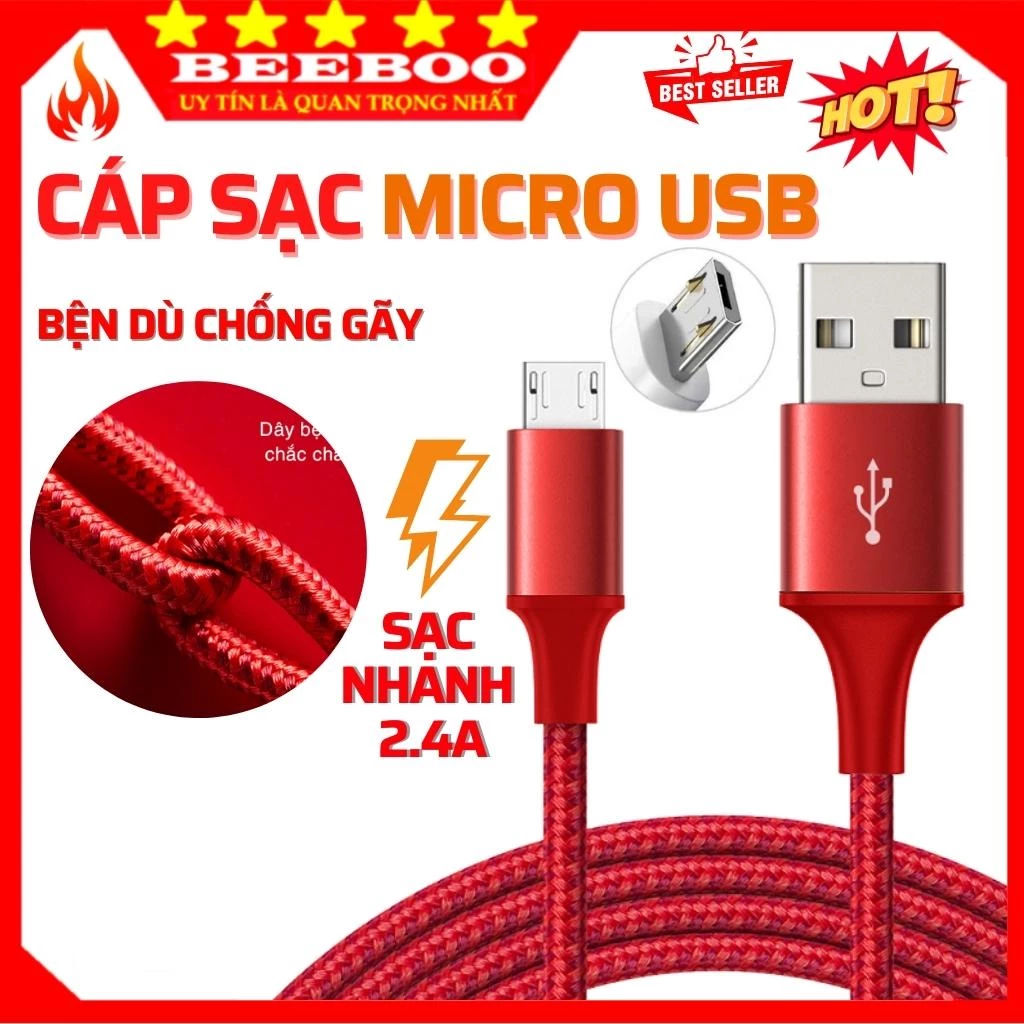 Dây cáp sạc samsung, oppo, xiaomi...,Cáp sạc cổng Micro USB thiết kế dây bện dù cho điện thoại androi dài 1m