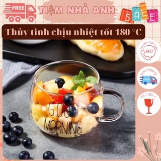 Ly thủy tinh dễ thương uống nước cute GOOD MORNING 350 ml Cốc thủy tinh chịu nhiệt có quai decor