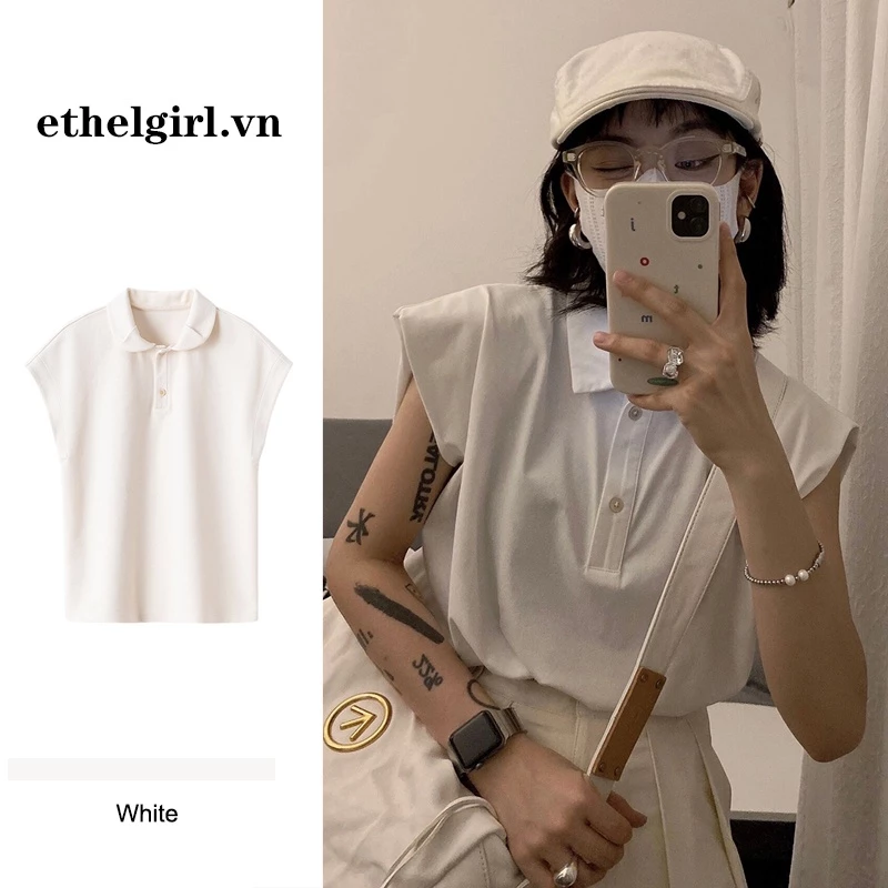 Ethelgirl Mỹ retro sang trọng dáng rộng cổ Polo màu trơn Tất cả các trận đấu Áo thun không tay nữ quần áo mỏng hàng đầu