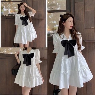 Đầm babydoll nữ váy tiểu thư trắng xoè cổ v đính nơ chất thô mềm xếp tầng phông cách hàn quốc MÂY_1989