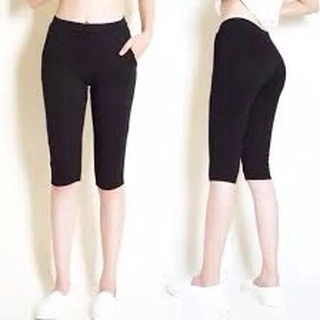 Quần Legging Nữ Ngố Đùi Lửng Cạp Chun Màu Đen Vải  Cao Cấp Thun Co Giãn 4 Chiều Mặc Ôm Dáng Trẻ Trung Thể Thao Năng Động