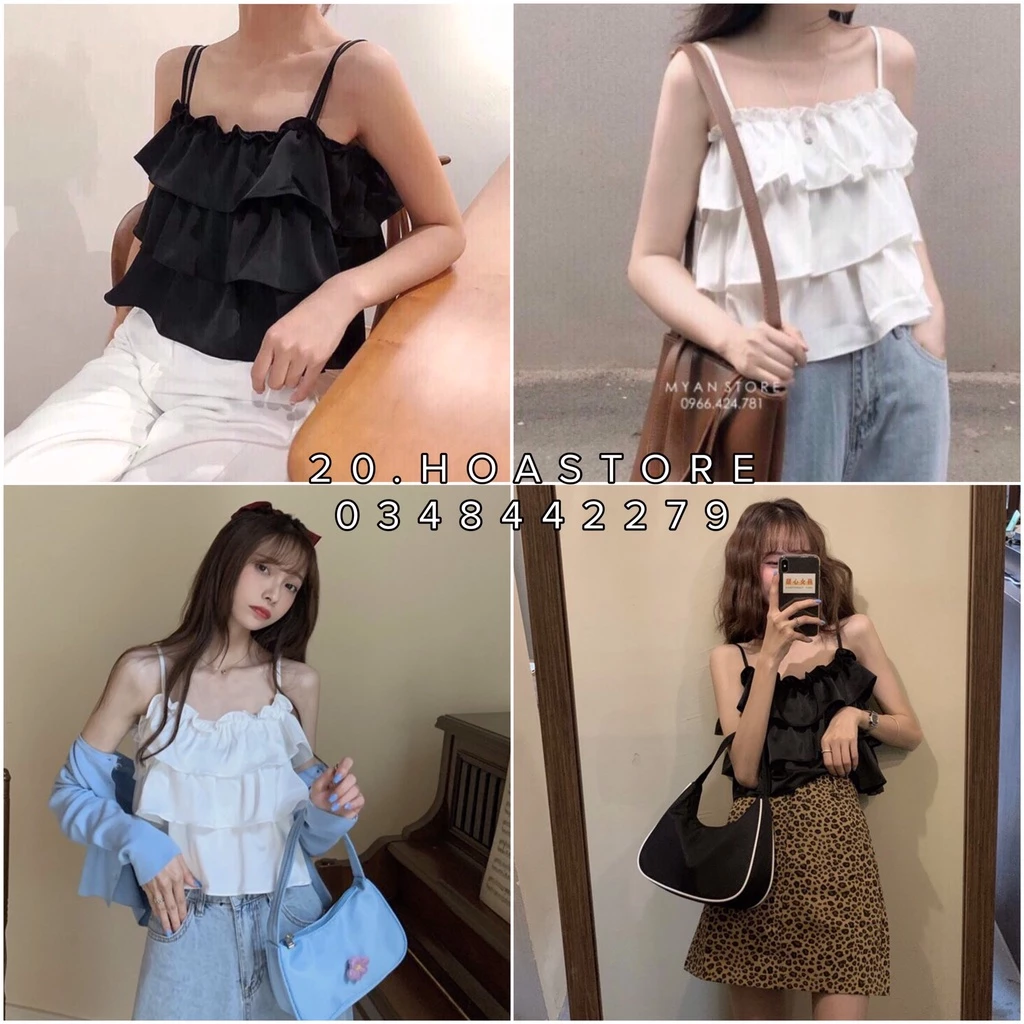 Áo 2 Dây Tầng Bồng Croptop Viền - Áo Kiểu Sakura Top Hai Dây Màu Trắng Đen Thân Xếp Bèo