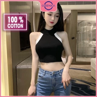 Áo croptop ôm sát nách cổ lọ nữ OZENKA , áo 3 lỗ cải màu chất thun gân cao cấp 100% cotton đen trắng