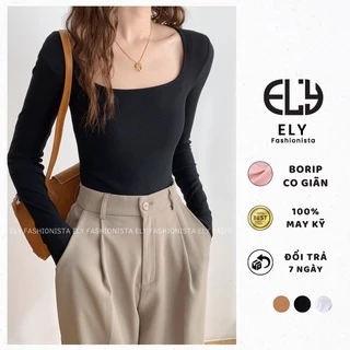 Áo croptop nữ tay dài cổ vuông chất liệu thun cotton đẹp dáng ôm body co giãn tốt ELY204