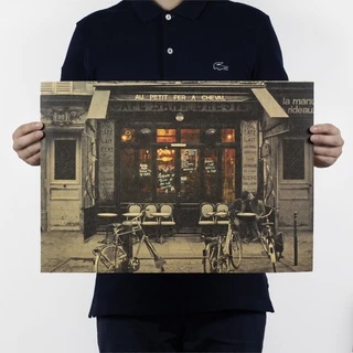 Tấm poster in hình tiệm cà phê ở Paris 51x36cm phong cách cổ điển dùng trang trí nội thất