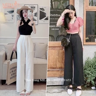 Quần culottes đũi dáng dài ống rộng khóa thật lưng cao cạp chun - Quần đũi ống suông lưng thun vải mềm đi biển công sở