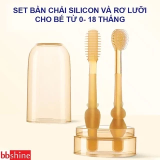 Bộ rơ lưỡi tưa lưỡi và bàn chải silicon KidAndMom BRLBC vệ sinh răng miệng kèm cốc đựng có nắp đậy cho bé 0-18 tháng