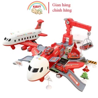 Đồ chơi máy bay cứu hoả có nhạc và đèn kèm thang trượt giàn cẩu 4 ô tô kim loại - KAVY