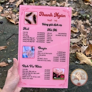 Menu tiệm Nối mi- Nail- Móng , thẩm mỹ viện, bảng báo giá dịch vụ làm đẹp, bảng để bàn lễ tân , khách sạn