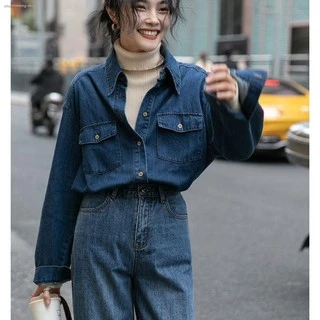 Áo sơ mi denim tay dài dáng rộng phong cách retro thời trang xuân thu cho nữ 2022