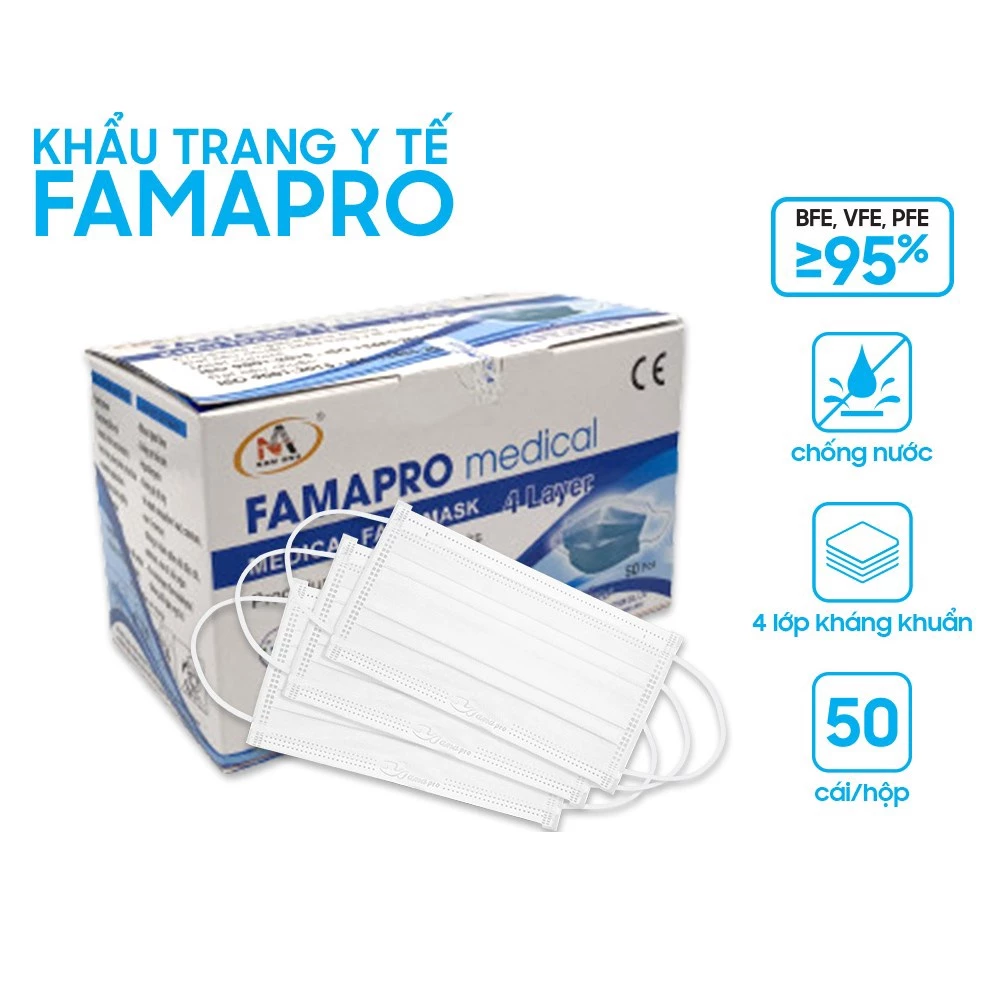 [Bạn mới nhập COSHBM -50% đơn 0Đ] COMBO 4 hộp khẩu trang màu trắng FAMAPRO NAM ANH 4 lớp giấy kháng khuẩn(hộp 50 cái)