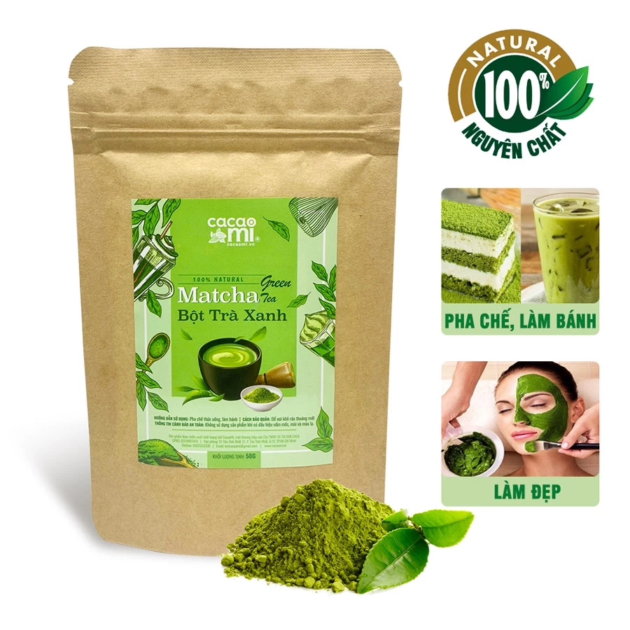 Bột Matcha Trà Xanh Nguyên Chất CACAOMI Green Tea pha chế thức uống, làm bánh, đắp mặt nạ 50g