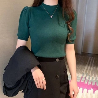 Áo Sweater Cổ Cao Tay Ngắn Phồng Thời Trang Xuân Thu Hàn Quốc 2022 Mới