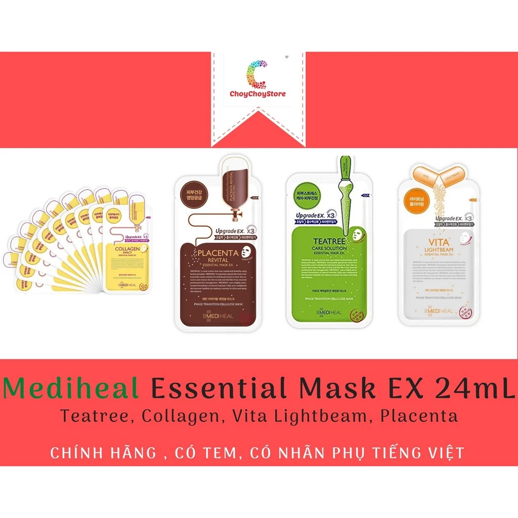 [TEM CTY]  Mediheal Essential Mask EX 24mL - Mặt nạ  tinh chất trà xanh, Collagen, VitaLightBeam, Placenta