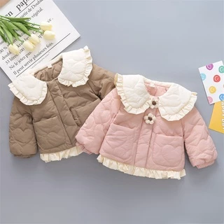 Áo Khoác Cotton Dày Ngắn Cổ Búp Bê Viền Bèo Dễ Thương Giữ Ấm Mùa Đông Cho Bé Gái