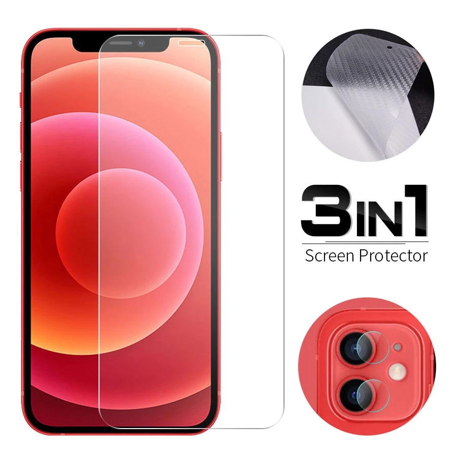 3 Trong 1 Kính cường lực + Miếng dán Cacbon + Kính Cường Lực Bảo Vệ Camera Sau Cho Iphone 11 12 Pro Xs Max X Xr