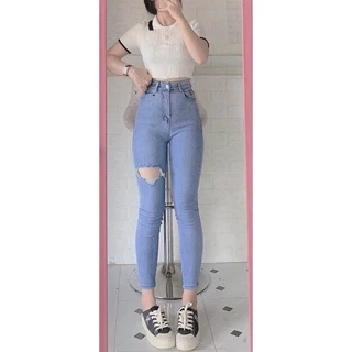 Set Jeans dài co giãn xanh nhạt rách tim + Crop Petter Phối viền