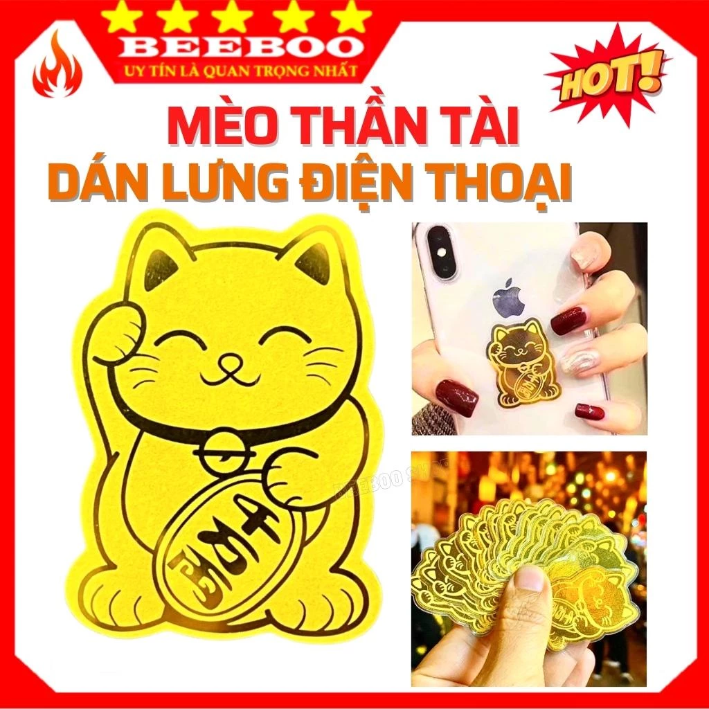 Miếng dán Mèo Thần Tài gắn ốp lưng Mạ Vàng Mang Tới Tài Lộc Chiêu May Mắn Phong Thủy Cho Người Sử Dụng