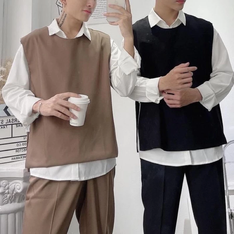 Áo Gile NÚT TRƠN/ QUẦN vải kaki mịn màu ĐEN/NÂU 🎶/Nam nữ unisex/FREESHIP 99K ❤️