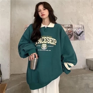 Áo Sweater Polo Nỉ Bông Unisex SPACESHIP màu XANH form rộng ✳️ Chất nỉ form nam nữ unisex/Áo tay dài có cổ Jaystoree 🖤