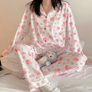 Set đồ ngủ Pyjama dài hoạ tiết nấm lùn hồng Basic hàn quốc