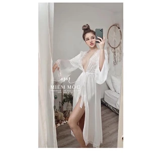 Set váy ngủ lụa satin phối ren dáng dài kèm choàng dáng dài tay lỡ MIEMMOC hàng chuẩn QCCC Muối Sleepwear