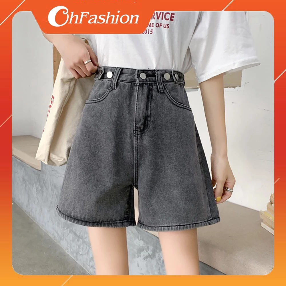 Quần short jean nữ lưng cao, quần đùi jean cạp cao ống rộng OHS064