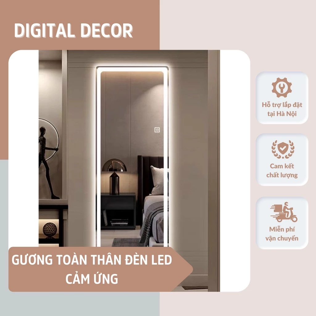 Gương Soi Toàn Thân Đèn Led Cảm Ứng Hình Chữ Nhật Dán Tường Cao Cấp Decor Phòng Ngủ Tiện Lợi