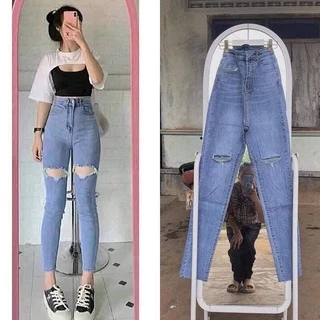 Quần Skinny Jeans Rách BigSize - Lưng Siêu Cao - Co Giãn Mạnh - Quần Jeans Rách Lưng Cao BigSize