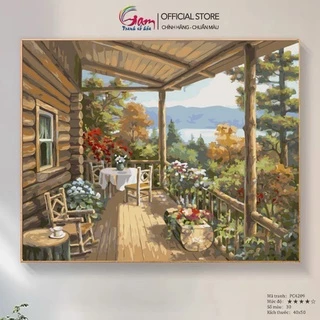 Tranh Số Hóa Phong Cảnh Ngôi Nhà Gỗ Trong Rừng GAM Tự Tô Màu Trang Trí 40x50cm PC4209