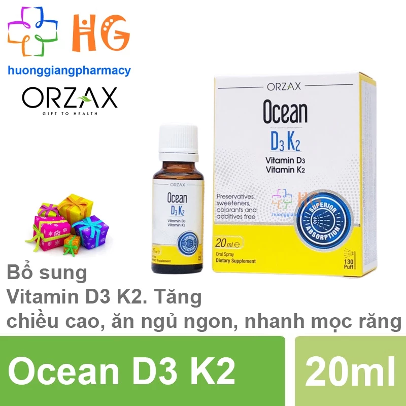 Ocean D3K2 Vitamin d3 k2 mk7 cho trẻ sơ sinh tăng hấp thu canxi bé ăn ngủ ngon nhanh mọc răng chống còi xương Lọ 20ml