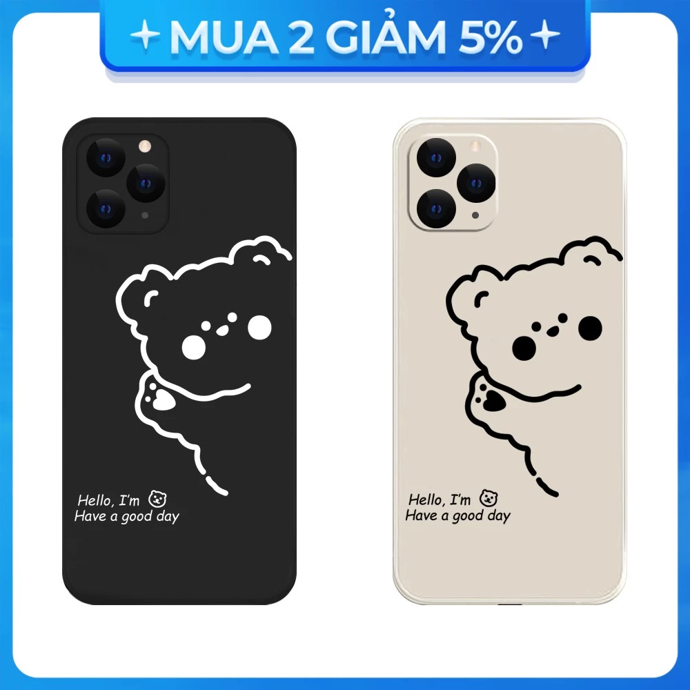 Ốp lưng cạnh vuông 5G/6S/7 Plus/8G/Xr/Xs/13/...viền bảo vệ camera hình Gấu Hello