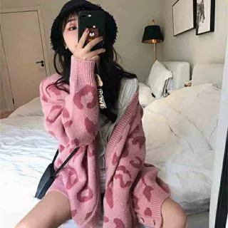 (Sẵn) Áo khoác cardigan len họa tiết da báo dáng dài