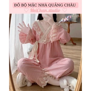 BN3_Bộ ngủ Pyjama, Đồ Bộ Nữ Mặc Nhà Chất Thô Viền Ren Cổ Đắp Chéo Thắt Nơ Tiểu Thư Phong Cách NHẬT BẢN