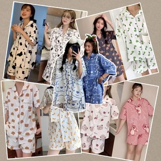 SUSQ001 Đồ bộ Pijama nam nữ ngủ mặc nhà gấu xanh trắng cộc tay cute  Quần sooc đùi short ngắn áo form rộng unisex