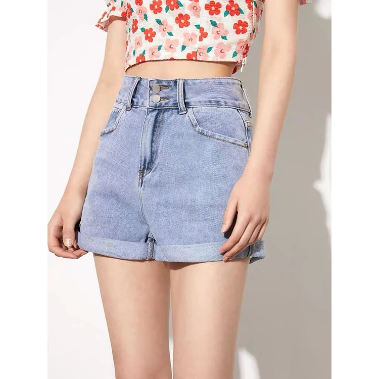 Quần short jean nữ BigSize lưng cao 2 nút, co dãn mạnh, màu xanh đá nhạt MLJ