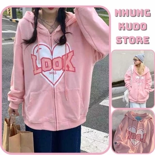 Áo khoác nỉ hoodie zip kéo khoá hồng cute in chữ LOOK form thụng tay bồng phong cách ullzang Hàn Quốc Nhungkudo