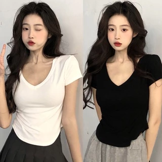 Áo Thun Croptop Tay Ngắn Cổ Chữ V Màu Trơn Phong Cách Hàn Quốc Thời Trang Mùa Hè Cho Nữ