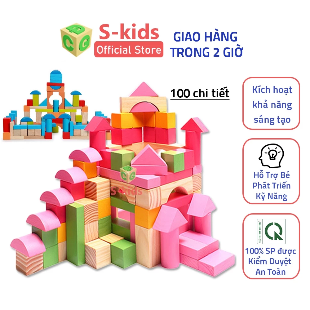 Đồ chơi thông minh cho bé S-Kids, Bộ xếp hình khối xây dựng 100 chi tiết bằng gỗ.