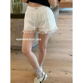 honypove Phiên Bản Hàn Quốc Đơn Giản Co Giãn Eo Retro Ren Viền Rỗng Quần Short Thường Ngày