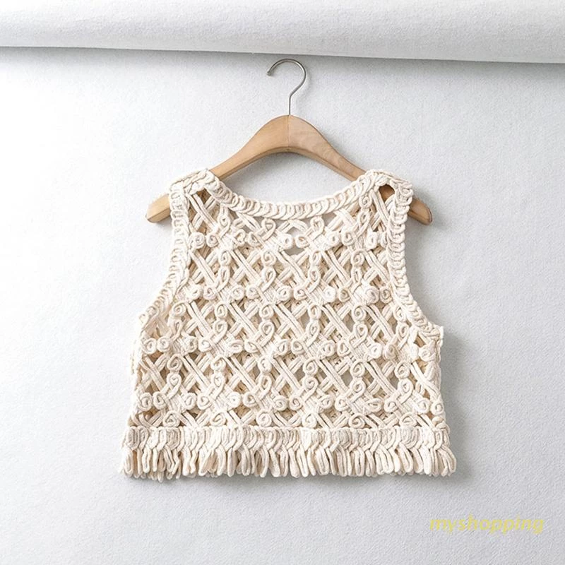 Áo Croptop Dệt Kim Sát Nách Khoét Rỗng In Họa Tiết Hoa Kim Cương Mini Phong Cách Cổ Điển Cho Nữ