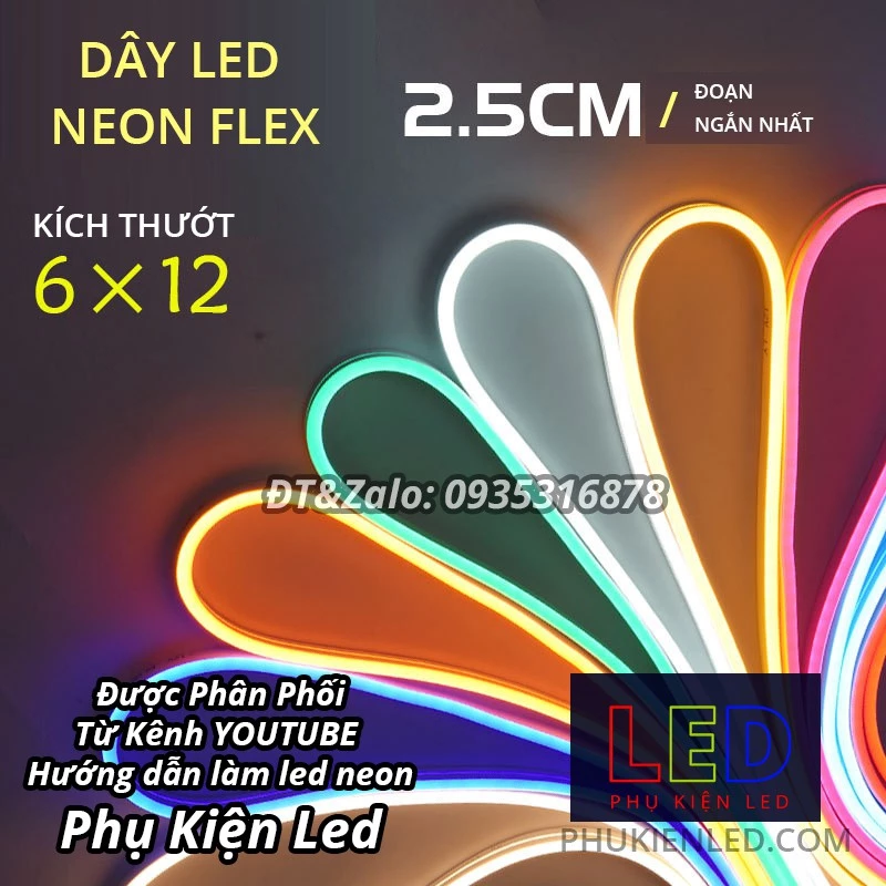 1 mét dây đèn led neon ngoài trời  không thấm nước kt  6*12, điện áp 12v, 2,5cm một lần căt, uốn chữ quảng cáo đa dạng