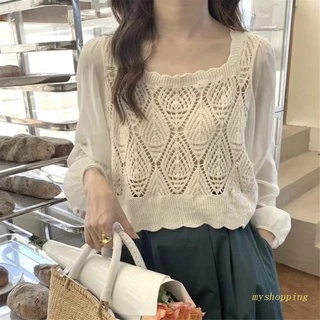 Áo Croptop Dệt Kim Vải Voan Tay Dài Phồng Cổ Vuông Màu Trơn Đính Kim Cương Giả Kiểu Pháp Cho Nữ