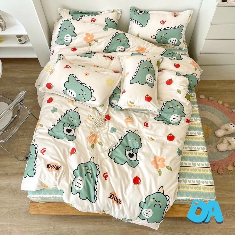 Bộ chăn ga gối cotton poly đáng yêu drap giường chun bọc đủ size - Mẫu khủng long tim xanh.