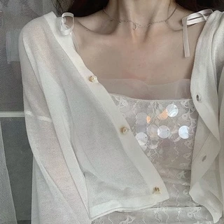Áo Khoác cardigan Dệt Kim Mỏng Tay Dài Dáng Ngắn Thời Trang Mùa Hè Cho Nữ
