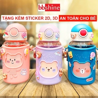 Bình nước cho bé có ống hút 620ml chịu nhiệt tốt BBShine, Bình uống nước cho bé đi học tặng kèm túi và dây đeo – BN013