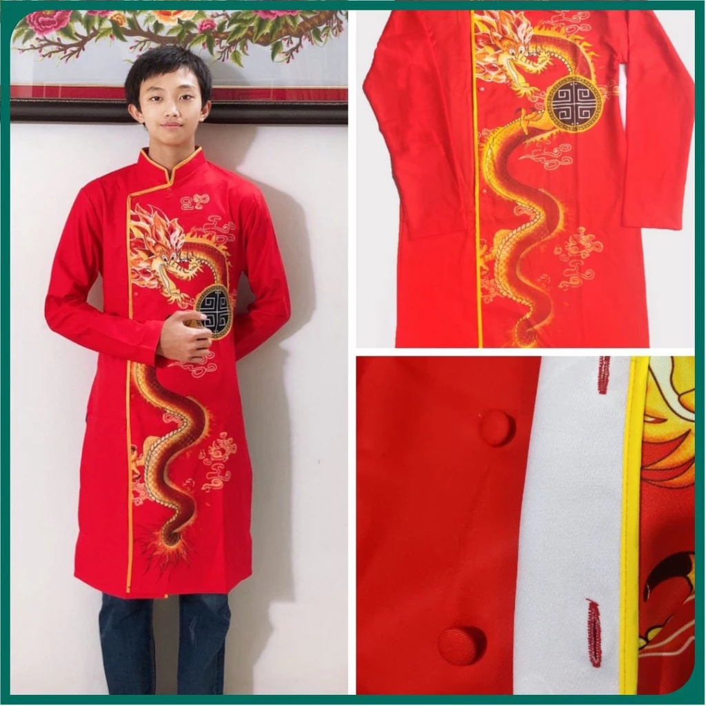 ÁO DÀI CÁCH TÂN NAM ĐÓNG KHUY IN HỌA TIẾT RỒNG, ÁO DÀI NAM NGŨ THÂN