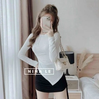 Áo Thun Gân Tay Dài Cổ Tròn Dáng Ôm Phối Tà Đuôi Xéo Nhọn Cute TTSLA0870